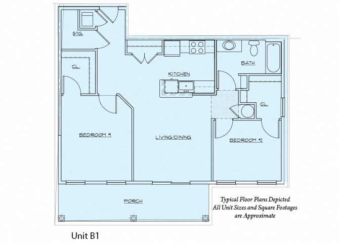 Floor plan for 2 beds, 1 bath, 892 sqft